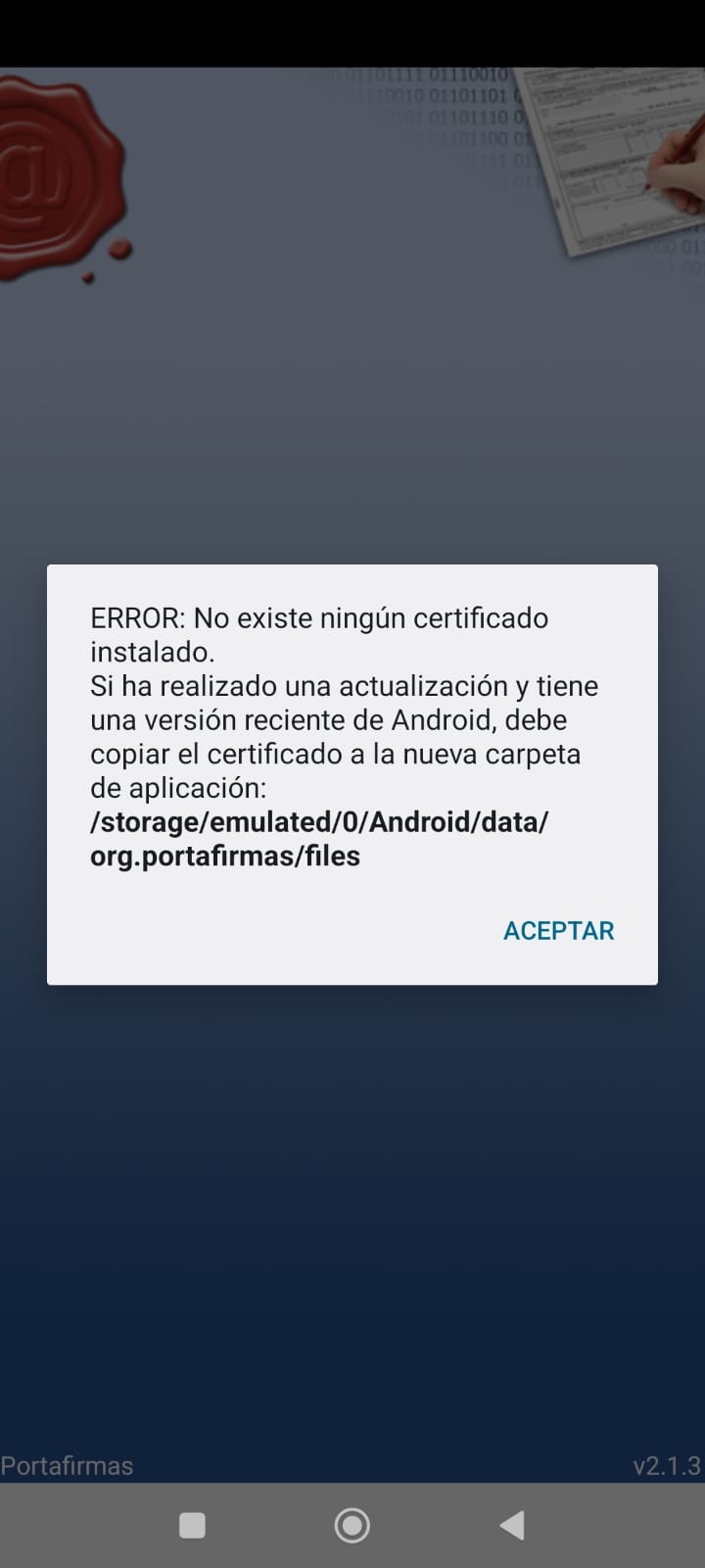 Error de certificado no encontrado e información de cambio de ruta